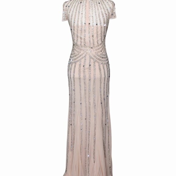 Cream Crystal Rhinestone Maxi Evening Dress - Picture 4 of 7